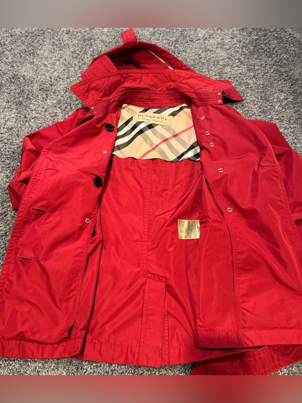 Burberry Balmoral Red Short Trench Coat Hooded Belted Jacket US 14 EUC - Picture 14 of 16